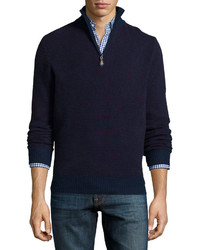 Neiman Marcus Textured Half Zip Cashmere Sweater Navy
