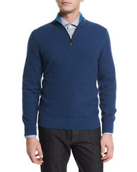 Ermenegildo Zegna Waffle Knit Quarter Zip Pullover Sweater Navy