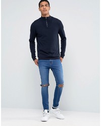 Asos Zip Turtleneck Sweater In Navy Cotton