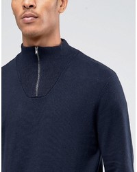 Asos Zip Turtleneck Sweater In Navy Cotton