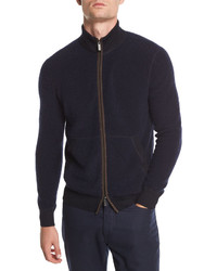 Ermenegildo Zegna Boucle Zip Bomber Sweater With Leather Detail