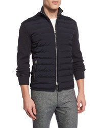 Tom Ford Zip Front Puffer Jacket With Sweater Sleeves Navy