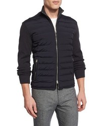 Tom Ford Zip Front Puffer Jacket With Sweater Sleeves Navy