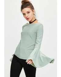 Missguided Green Ribbed High Neck Flare Sleeve Top