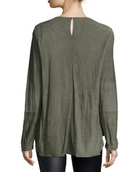 Brunello Cucinelli Long Sleeve Seamed Suede Top Green