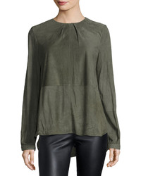 Brunello Cucinelli Long Sleeve Seamed Suede Top Green