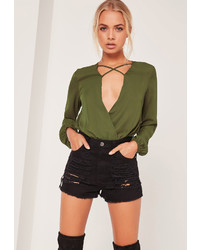 Missguided Crossfront Cropped Blouse Khaki