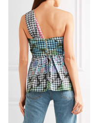 Peter Pilotto One Shoulder Gingham Cotton Blend Top Forest Green