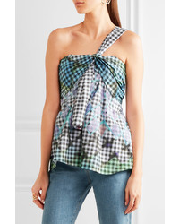 Peter Pilotto One Shoulder Gingham Cotton Blend Top Forest Green