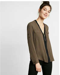 Express Petite Piped Long Sleeve Zip Front Blouse