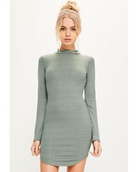 Missguided Green Curve Hem High Neck Ribbed Bodycon Dress
