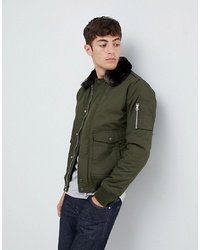 Schott Air Bomber Jacket With Detachable Faux Fur Collar In Greenbrown