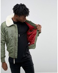 Alpha Industries Bomber Jacket With Shearling Collar In Slim Fit Sage Green