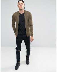 Asos Muscle Fit Jersey Bomber Jacket In Khaki