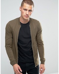 Asos Muscle Fit Jersey Bomber Jacket In Khaki