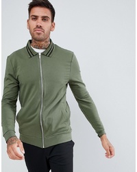 ASOS DESIGN Muscle Jersey Harrington Jacket In Khaki With Tipping