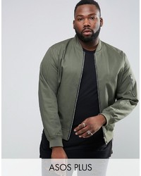 Asos Plus Cotton Bomber Jacket With Sleeve Zip In Khaki
