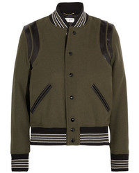 Saint Laurent Teddy Leather Trimmed Wool Blend Bomber Jacket Army Green