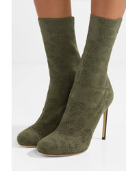 Francesco Russo Leather Trimmed Open Knit Boots Army Green
