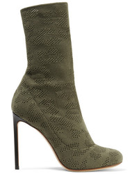 Francesco Russo Leather Trimmed Open Knit Boots Army Green