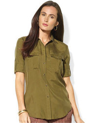 Lauren Ralph Lauren Petite Tab Sleeve Silk Utility Shirt