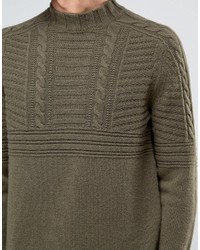 Asos Lambswool Rich Cable Sweater With High Neck In Khaki
