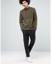 Asos Lambswool Rich Cable Sweater With High Neck In Khaki
