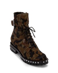 Olive Camouflage Calf Hair Lace-up Flat Boots
