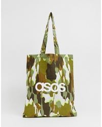 ASOS DESIGN Branded Cotton Tote Bag In Camo Print