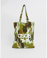 ASOS DESIGN Organic Tote Bag In Khaki Camo Print And Asos Logo
