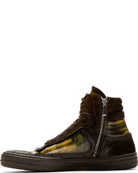 Diesel Black Gold Brown Suede Lacquered Camo Sneakers
