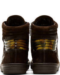 Diesel Black Gold Brown Suede Lacquered Camo Sneakers