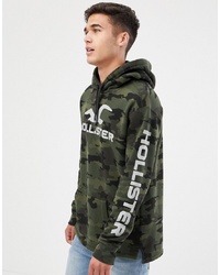 Hollister Sports Back And Sleeve Print Logo Hoodie In Green Camo Camo