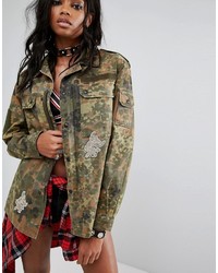 Reclaimed Vintage Revived Festival Camo Military Jacket With Rhinestone Fish Patches