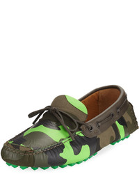 Valentino Camouflage Canvas And Leather Loafers Green