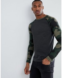 ASOS DESIGN Long Sleeve T Shirt With Camo Sleeves