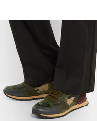 Valentino Garavani Rockrunner Camouflage Print Canvas Leather And Suede Sneakers