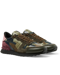 Valentino Garavani Rockrunner Camouflage Print Canvas Leather And Suede Sneakers