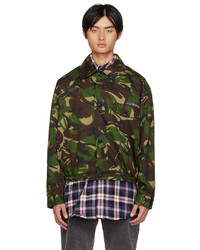 Olive Camouflage Shirt Jacket with White Leather Low Top Sneakers
