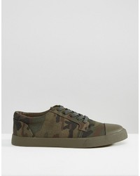Asos Lace Up Sneakers In Camo Canvas With Toe Cap