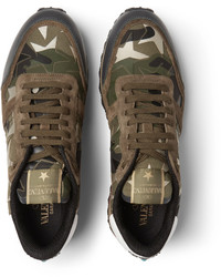 Valentino Embellished Camouflage Print Canvas Leather And Suede Sneakers