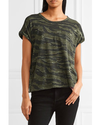 Current/Elliott The Rolled Crew Camouflage Print Cotton Jersey T Shirt Green