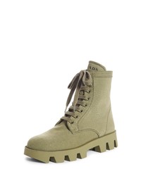 Olive Canvas Lace-up Flat Boots