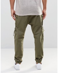 Asos Brand Drop Crotch Joggers In Linen With Cargo Pockets In Khaki