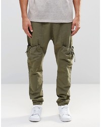 Asos Brand Drop Crotch Joggers In Linen With Cargo Pockets In Khaki