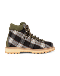 Olive Check Leather Lace-up Flat Boots