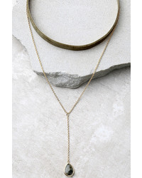 LuLu*s Bewitched Gold And Tan Velvet Choker Necklace Set