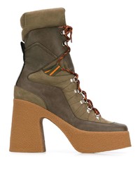 Olive Chunky Leather Lace-up Ankle Boots
