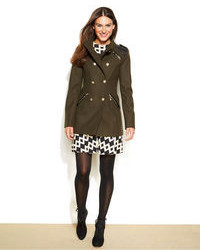 Vince Camuto Faux Leather Trim Double Breasted Military Coat