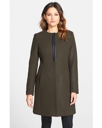 Elie Tahari Morocco Collarless Wool Blend Coat With Leather Trim
